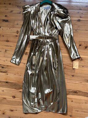Vintage 80s A.J. Bari NWT Metallic Gold Lamé Wrap Midi Dress Saks Fifth Ave 6